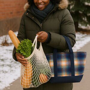 Gap + Pendleton Woolen Mills Orange, Blue and Green Plaid Tote Bag 17"x14"x6"